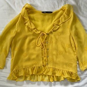 Yellow eyelet Zara button down top